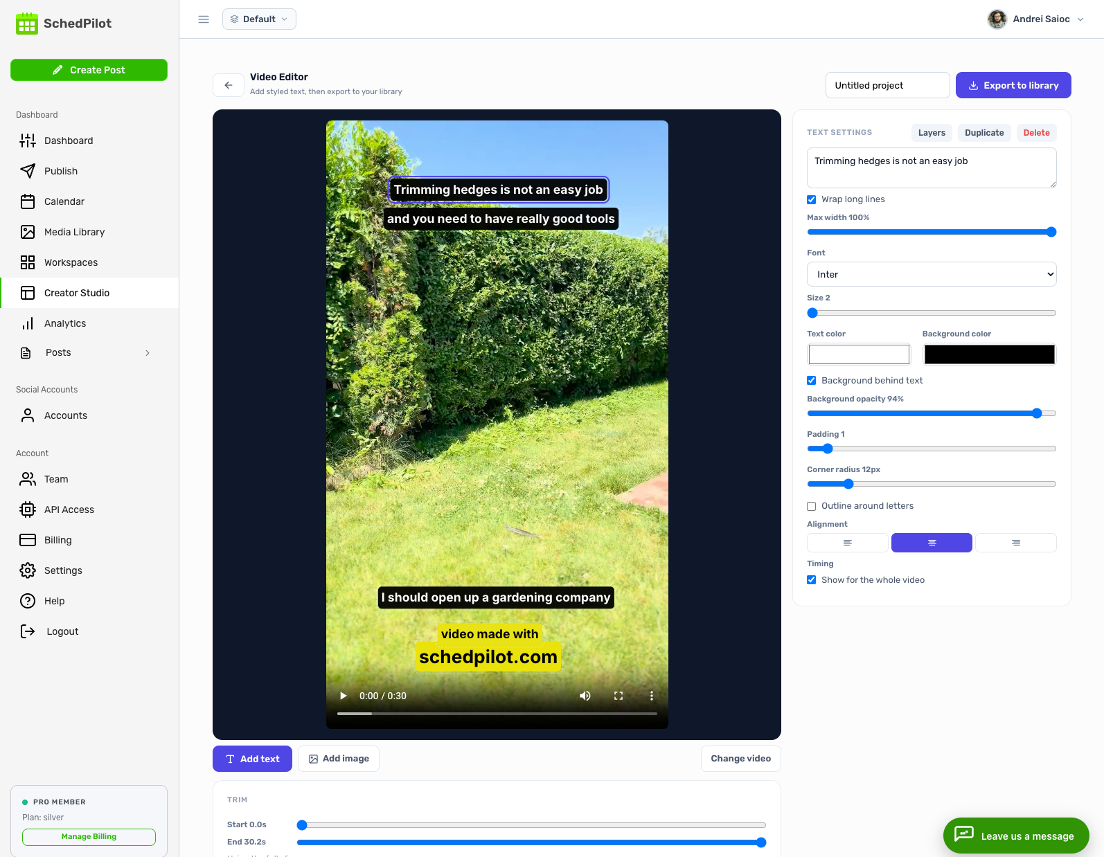 SchedPilot video editor — add text overlays to short videos and create UGC for Instagram, TikTok and YouTube Shorts