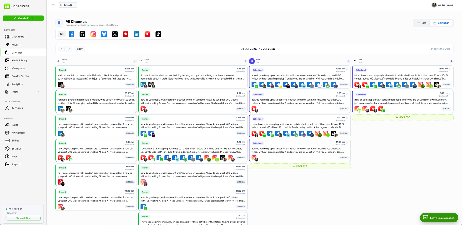 The SchedPilot dashboard — content calendar, analytics and client workspaces in one view